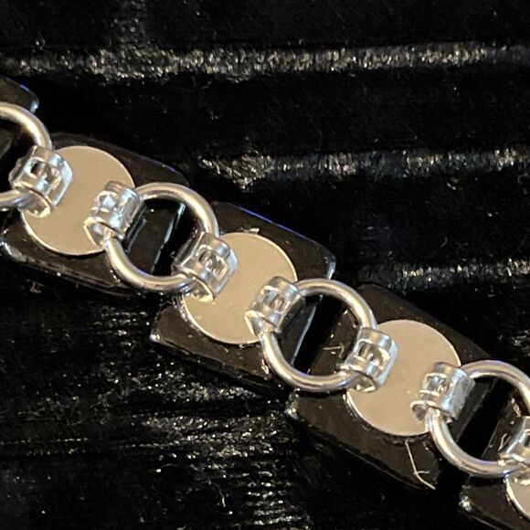 Dichroic Art Glass Silver & Black Tile Silvertone Chain Bracelet Fold Over Clasp - Picture 9 of 11